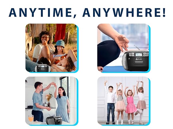 Text reads 'ANYTIME, ANYWHERE!'. Grid of lifestyle photographs showing various indoor activities and entertainment scenarios.