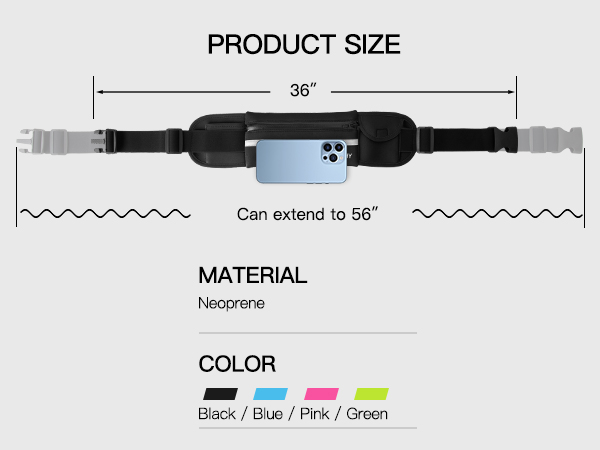 Product diagram showing adjustable strap extending from 36 to 56 inches, made of neoprene material, available in black, blue, pink, and green colors.