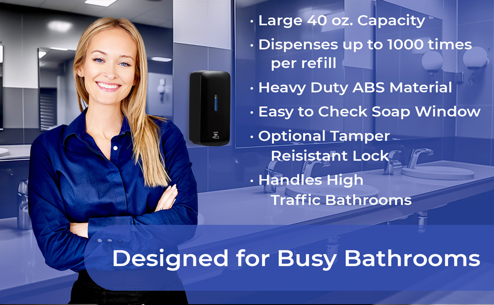EnBath automatic soap dispenser in commercial restroom highlighting large capacity and durability