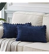 Fancy Homi Pack of 2 Boho Lumbar Decorative Throw Pillow Covers with Pom-poms, Soft Corduroy Soli...