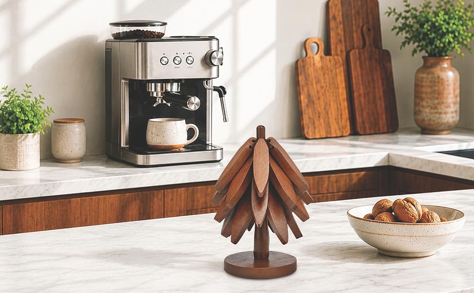 trivet tree sitting on the kitchen counter to use and protect the counter from hot dishes and pans