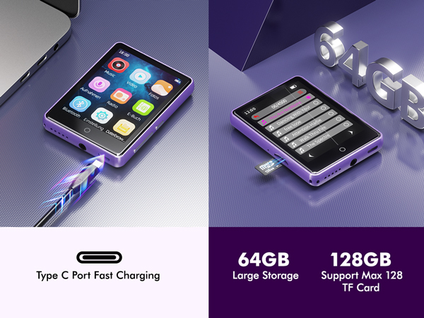64GB MP3 Player with Bluetooth 5.3,FM Radio,Voice Recorder,Supports Up to 128GB