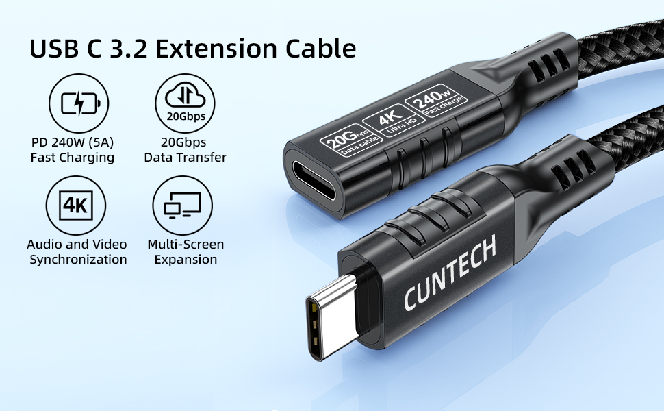 USB C 3.2 Extension Cable, 240W Fast Charging 4K@60Hz Video 20Gbps Data Transfer Cable