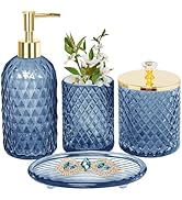Blue Bathroom Accessories Set, 4Pcs Glass Bathroom Accessory Set Complete w/Lotion Soap Dispenser...