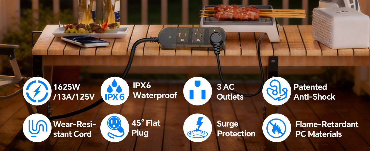 Outdoor Power Strip, 5 Ft, 1625W/13A IPX6 Waterproof, for Courtyard, Garage, Workshop, Camping, RV