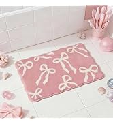 Shovagy Pink Bow Bath Mat Scalloped Bow Bathroom Rugs Cute Tufted Extra Soft Water Absorbent Quic...