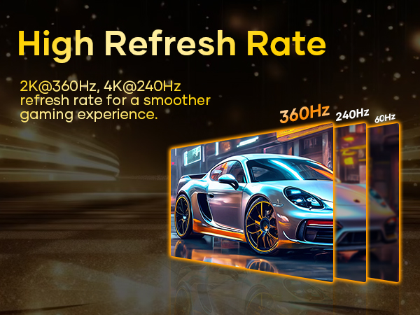 Gaming monitor advertisement showing refresh rate comparison between 2K@360Hz and 4K@240Hz, displaying sports car graphics.