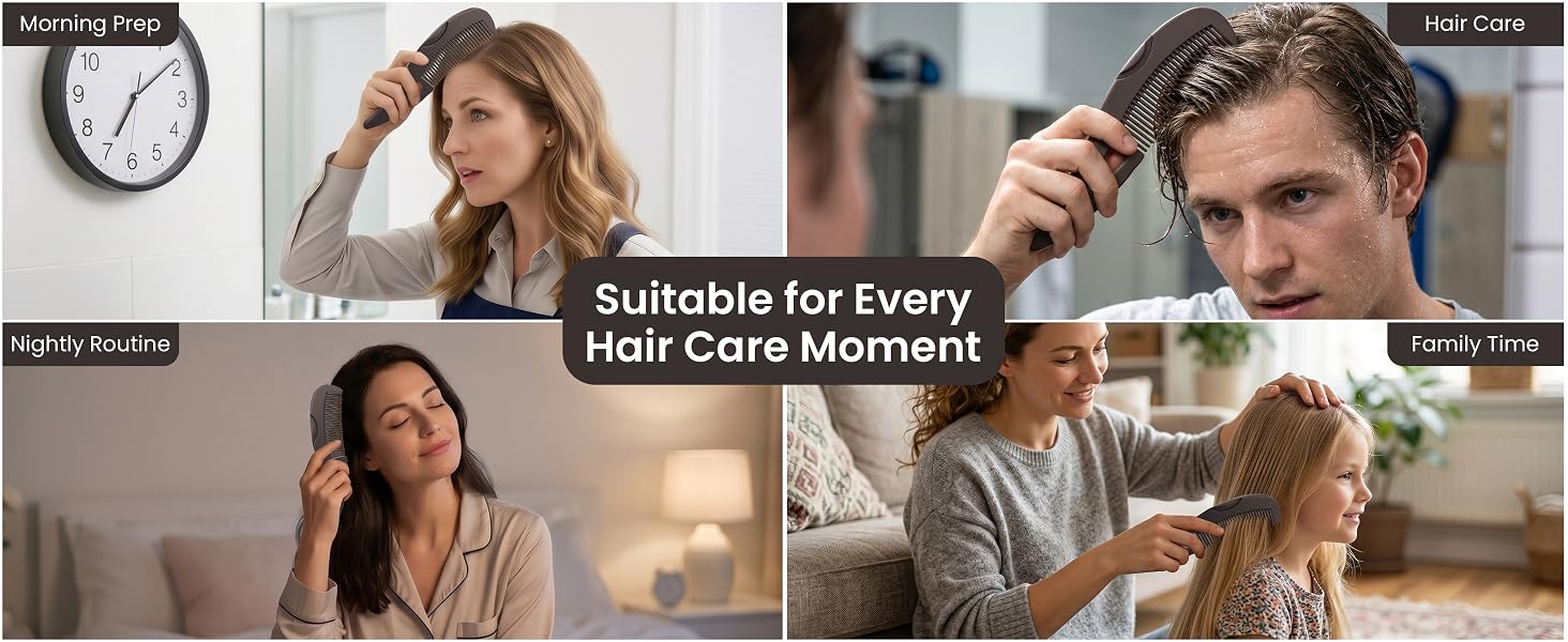 Dandruff comb for every hair care moment: morning prep, daily styling, nightly routine, family time.