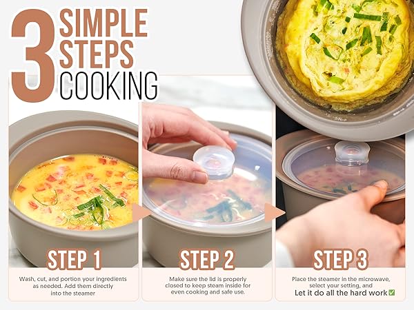 Step-by-step image showing how to make steamed eggs using a microwave steamer