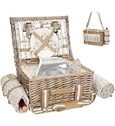 19Pcs Picnic Basket for 2 with Blanket - Wicker Picnic Basket with Strap,Wine Bag | Willow Picnic...