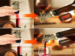 Sequential images demonstrating liquid pouring process. Shows hands using bottle opener to pour red liquid from bottle into glass.