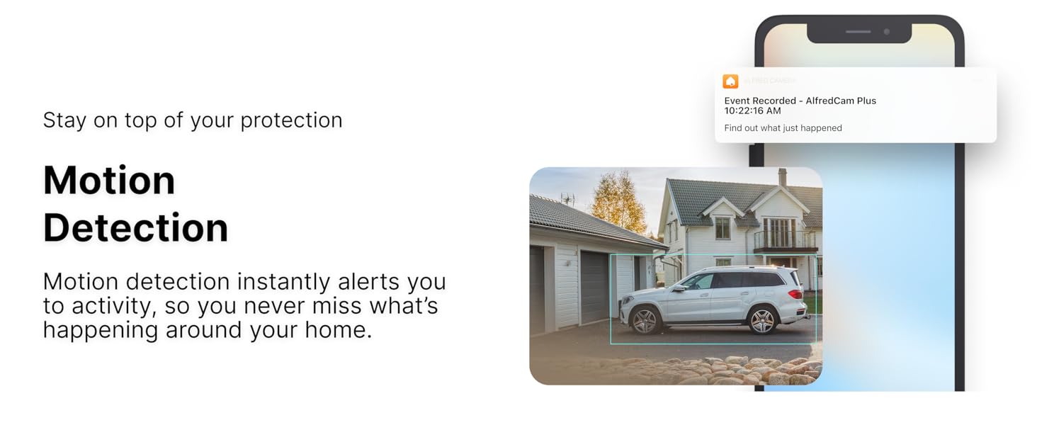 Motion detection alert on phone showing car in driveway, keeping you updated on home activity.