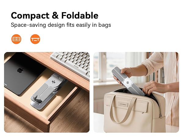 Text: 'Compact &amp; Foldable' 'Space-saving design fits easily in bags'. Split image showing device in drawer and being placed in carrying bag.
