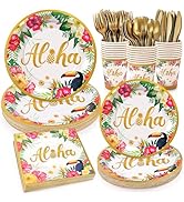 Golden Aloha Party Tableware Supplies, 168PCS Hawaiian Plates Napkins Cups and Cutlery Set, 24 Se...