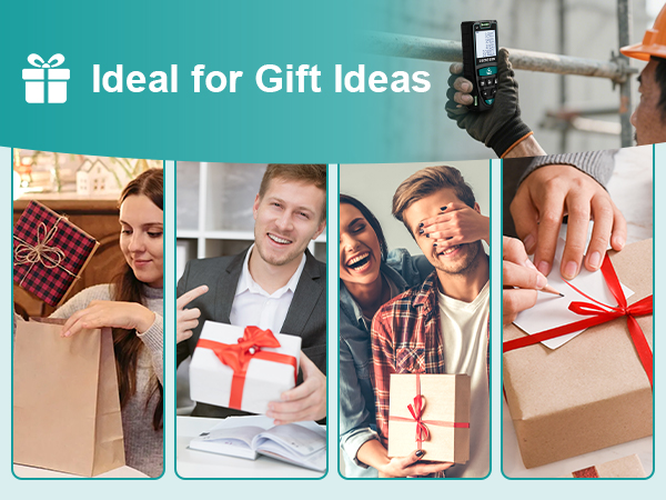 Text reads 'Ideal for Gift Ideas'. Four panel image showing various gift-giving scenarios with wrapped presents featuring red ribbons and brown packages.