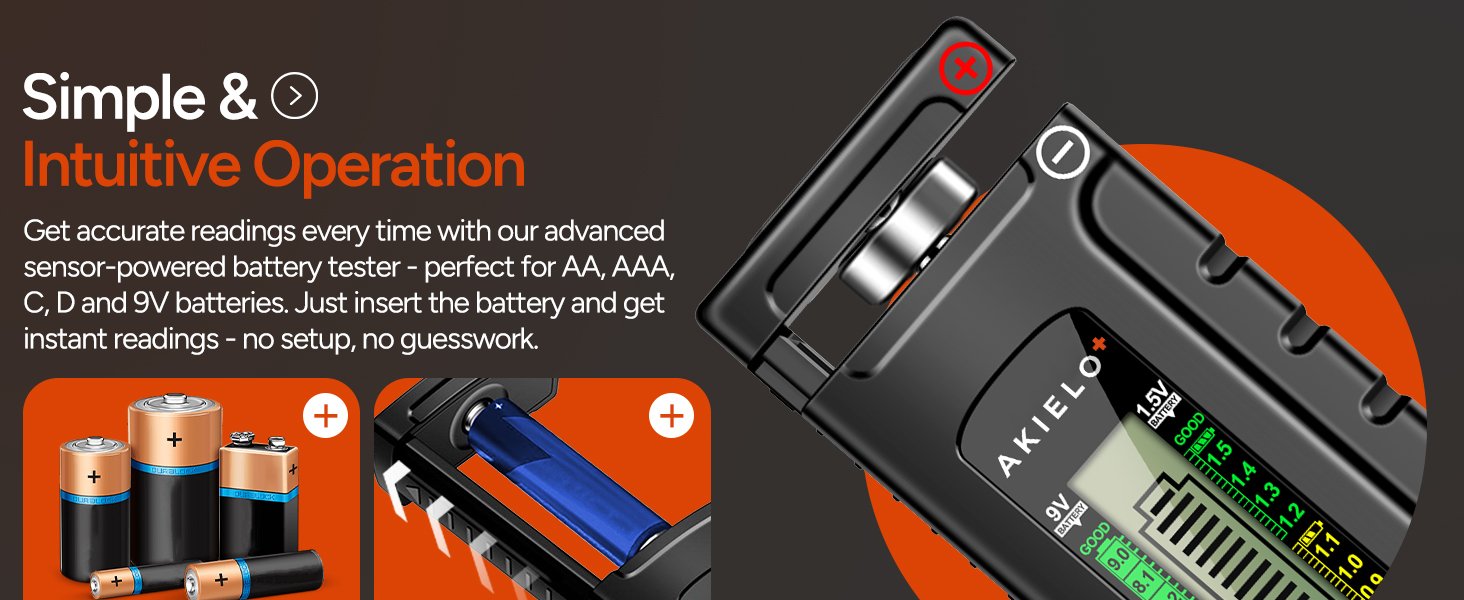 Text reads "Simple &amp; Intuitive Operation". Black product display showing multiple charging ports, battery units, and orange/blue components with descriptive text about accessible operation features.