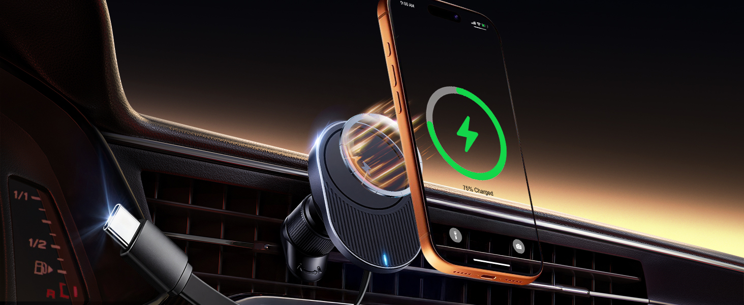 Wireless Cars Charger with Retractable Charging Cable