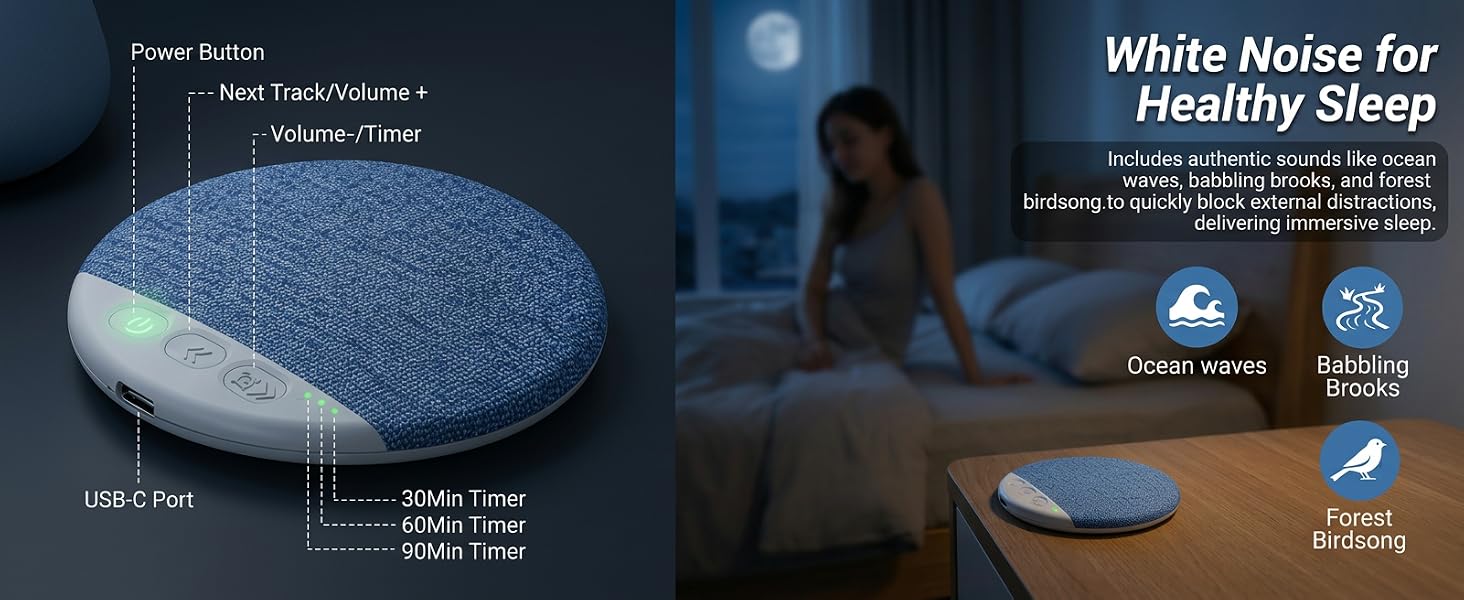 Ultra-Thin Bluetooth Pillow Speaker with White Noise Timer Wireless Sleep Aid