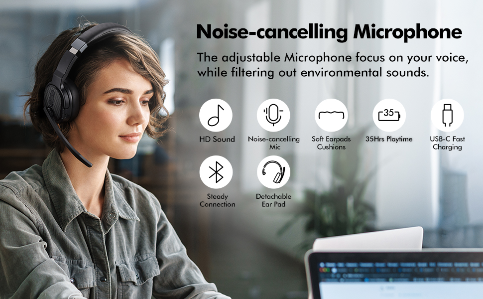 bluetooth headphones Active Noise Cancelling Headphones Bluetooth Headset with Deep Bass over ears