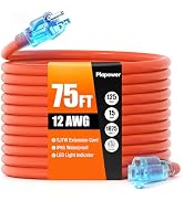 Outdoor Extension Cord 75 FT Waterproof, 12/3 Gauge Heavy Duty 3 Prong Power Cord with Lighted In...