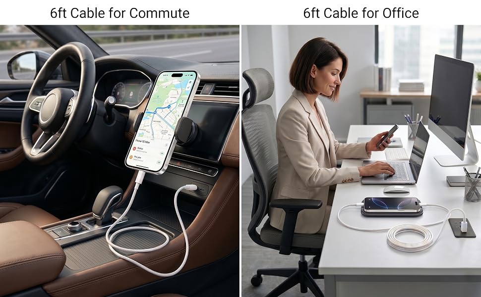 6ft USB C Cable 2 Pack for Car and Office Desk, White Type C Fast Charging Cord for iPhone 15