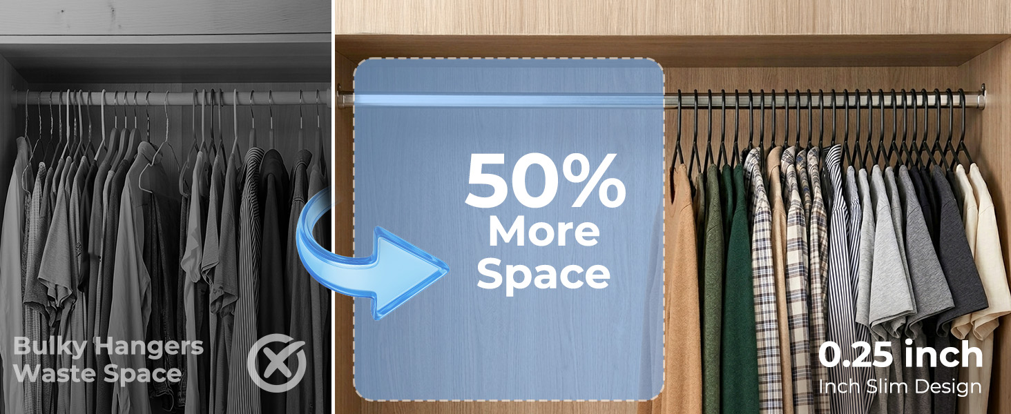 Our ultra-slim hangers 0.25-inch profile lets you hang twice as many clothes in the same closet