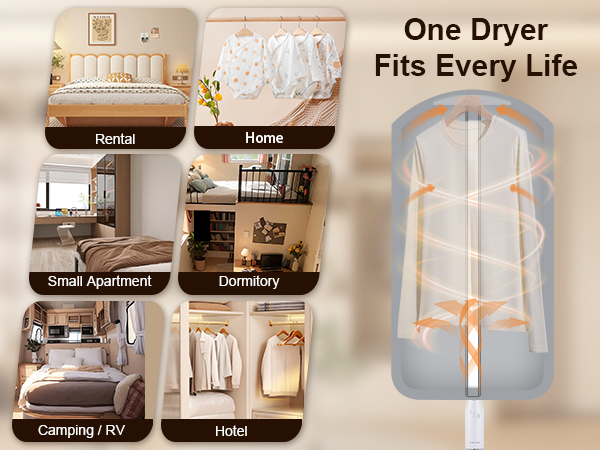 Text reads 'One Dryer Fits Every Life'. Horizontal banner showing multiple interior laundry room settings with dryers installed in different spaces and layouts.