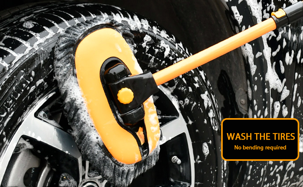 Yellow and black tire brush with long handle cleaning a soapy car wheel. Text reads 'WASH THE TIRES No bending required'.