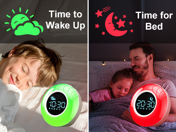 clock illumates green in the morming to wake kids up and turn red light on to cues child for bed