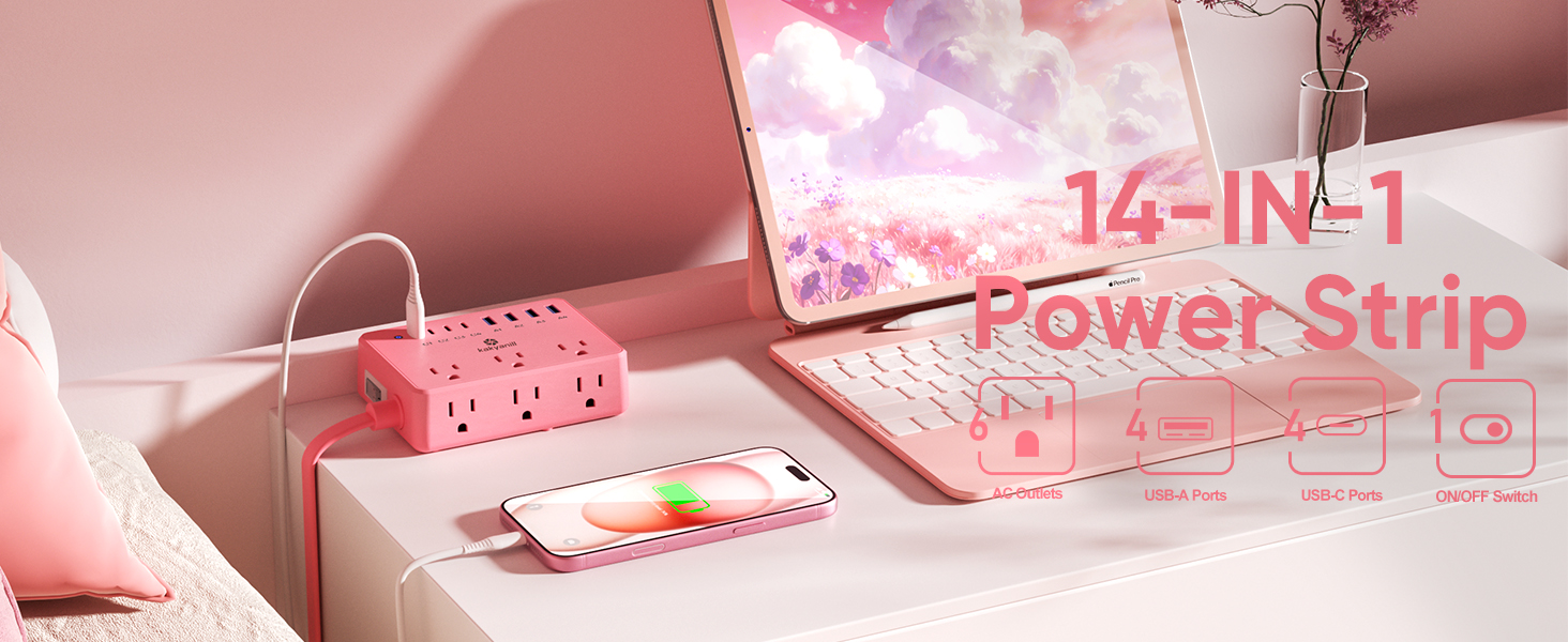 Pink Power Strip Equipped with 6 AC outlets, 4 USB-C ports and 4 USB-A ports.