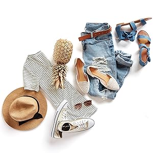 Foot Petals assortment including ball of foot cushions, heel cushions, and trendy outfit.