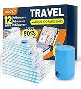 Vacuum Storage Bags for Travel, 12 Pack (4M+4S+4XS) Vacuum Seal Bags with Wireless Rechargeable E...
