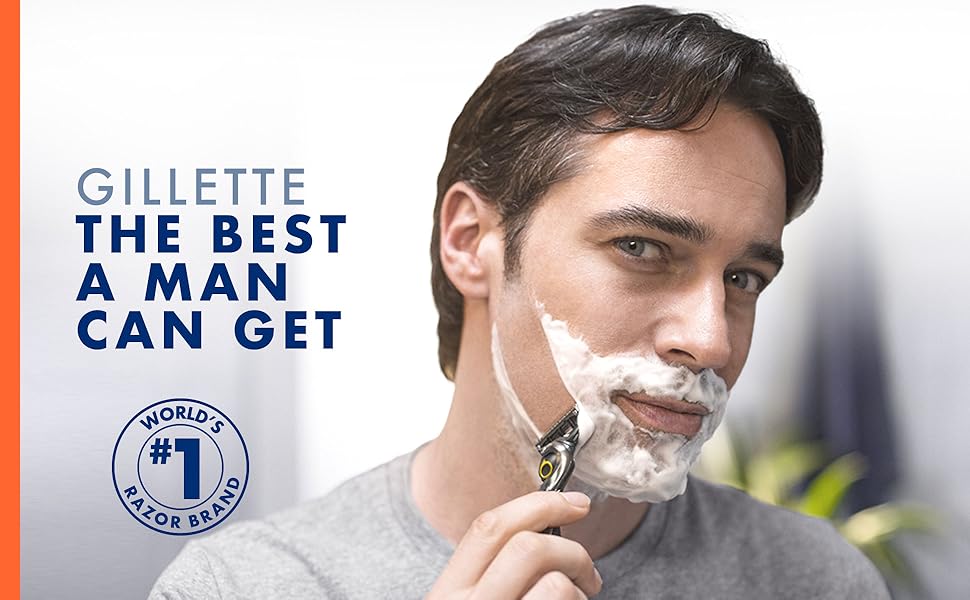 Man shaving his face with Gillette Fusion5 ProGlide Shield razor. &amp;#39;Gillette the best a man can get&amp;#39;