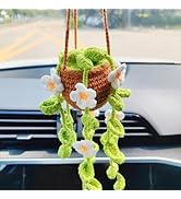 Motaney Potted Plants Crochet Rear View Mirror Accessories, Hand Crocheted (Glue Free) Safe Car H...