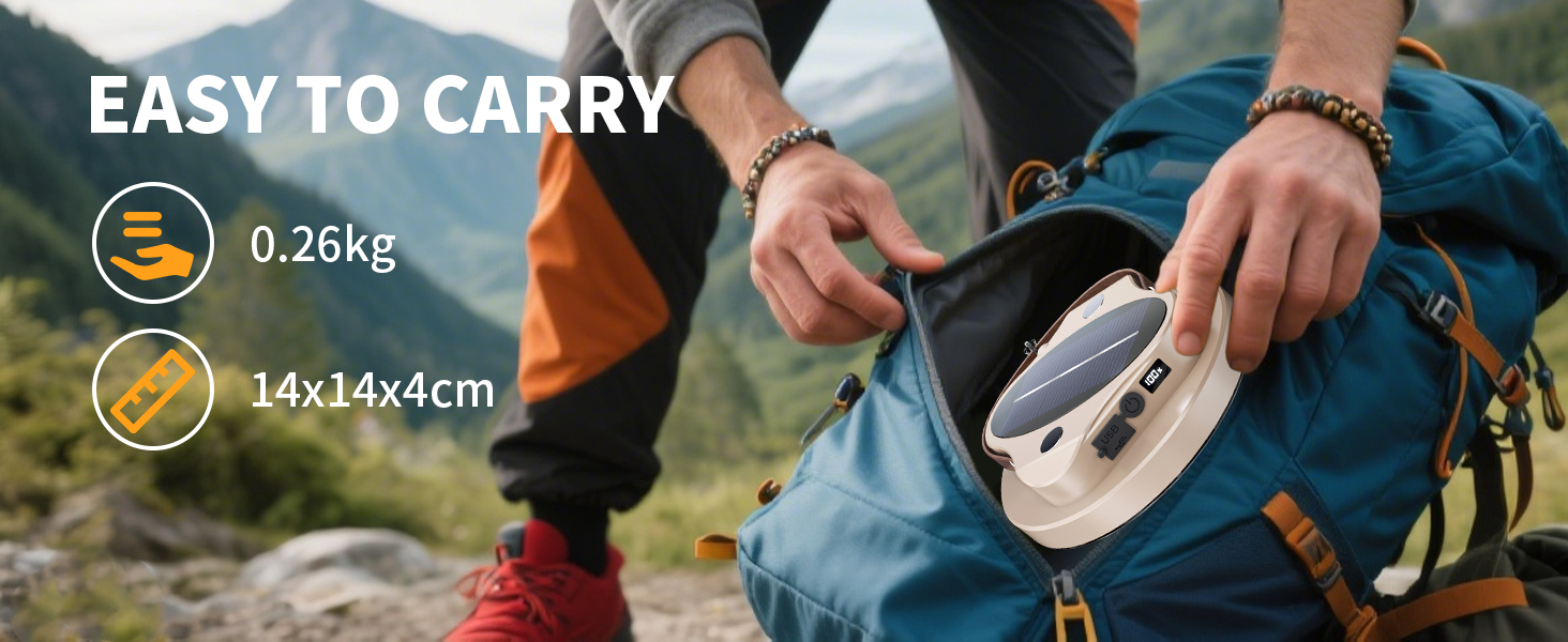 Text reads: 'EASY TO CARRY' with specifications '0.26kg' and '16x14x4cm'. Image shows hands adjusting outdoor gear against hiking background.