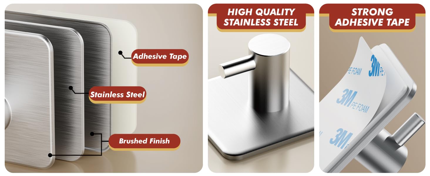 Premium coat hook construction: stainless steel, black powder coating, and strong adhesive tape
