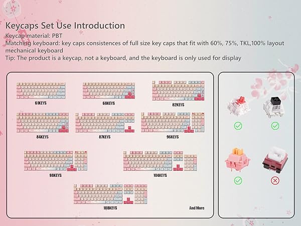 Pink Keycaps 60 65 75 100 Percent, Cute Japanese Keycaps with Shine Through