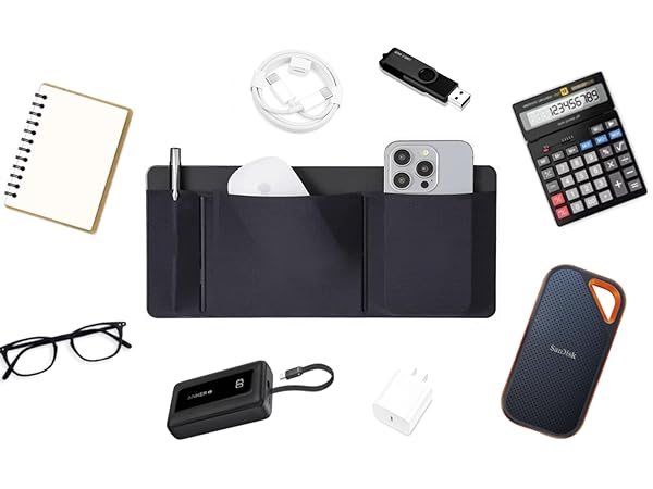 3-Pocket Stick-On Laptop Organizer with glasses, charger, SSD, cable, calculator &amp;amp;amp; USB drive