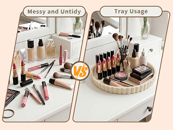 Text reads 'Messy and Untidy' and 'Tray Usage'. Left side shows disorganized cosmetics scattered on surface; right side shows same products neatly organized in round rotating tray. Demonstrates storage and organization transformation.