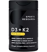 Sports Research Vitamin D3 + K2 w/ Coconut Oil - Vegan Vitamin D 5000iu &amp;amp; Mk7 Vitamin K 100mcg f...