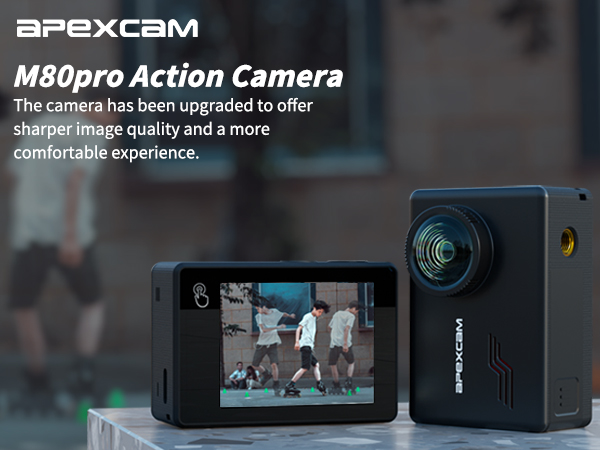 Apexcam M80pro Action Camera with LCD screen. Black compact design with wide-angle lens. Product info describes upgraded image quality and comfort.