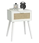 AWASEN White Rattan Nightstand, Modern Bedside Table with Rattan Drawer, End Table with Storage a...