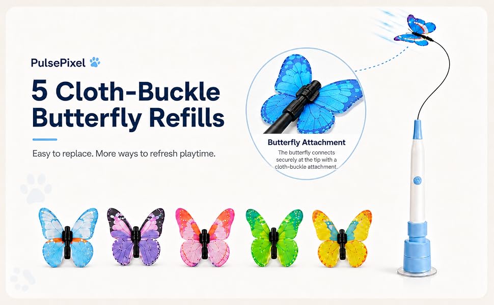 PulsePixel butterfly cat toy with 5 cloth-buckle butterfly refills