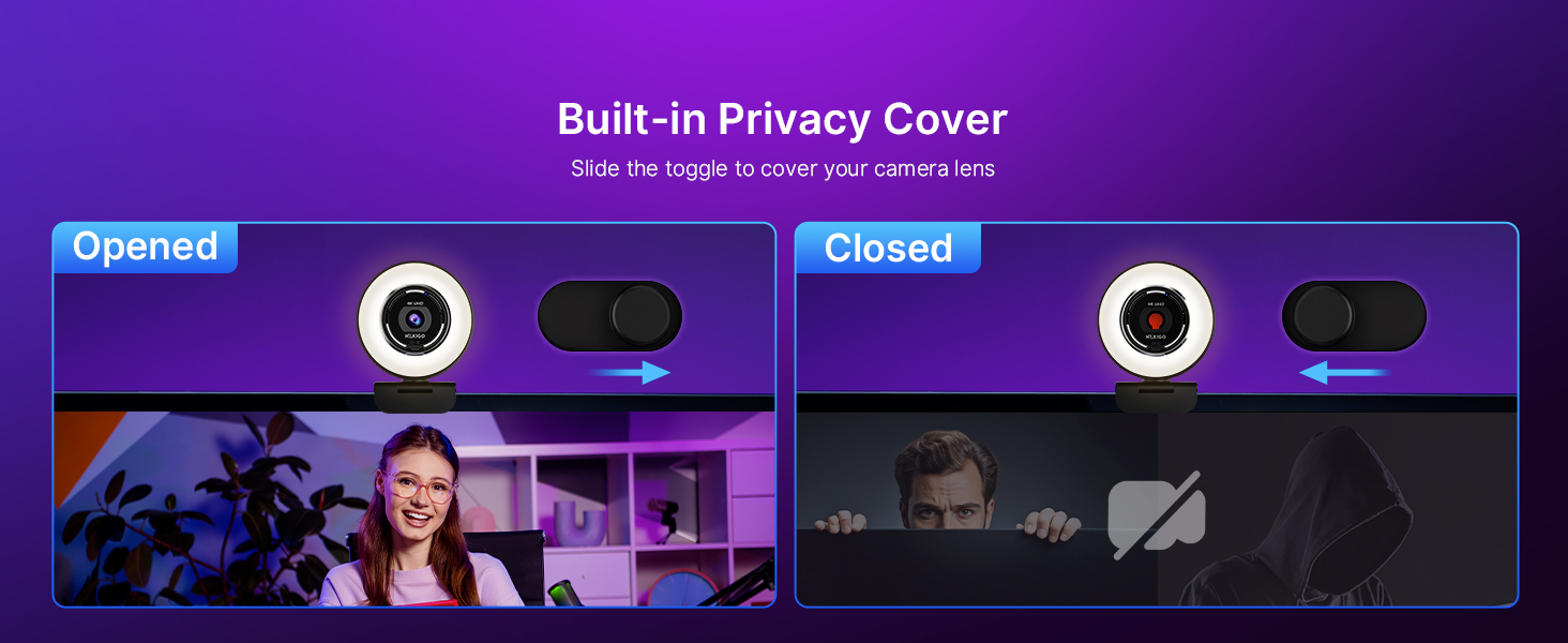 Built-in privacy cover of the N680E Pro shown open and closed