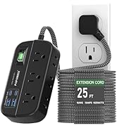 25 FT Flat Extension Cord, Power Strip with Surge Protection- 6 Widely Outlets 4 USB Ports, Flat ...
