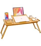 Laptop Desk for Bed, COIWAI Bamboo Lap Desk with Tablet Slot Adjustable Height Angle Foldable Sto...