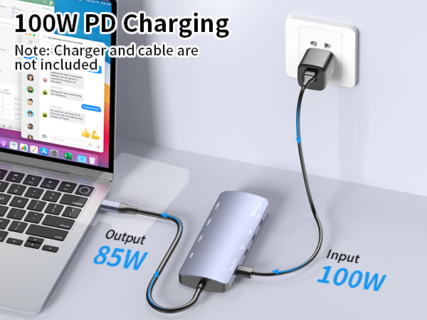 Text reads "100W PD Charging, Note: Charger and cable are not included, Output 85W, Input 100W". Silver power bank with cable connected displayed next to laptop.
