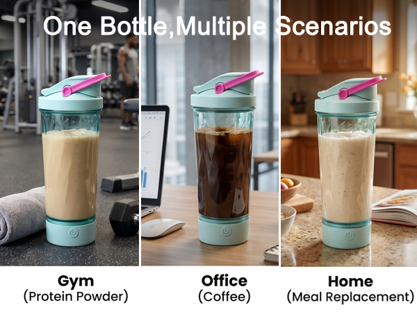 Electric shaker bottle used at gym, office, and home for protein powder, coffee, and meal drinks.