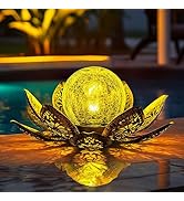 GIGALUMI Solar Lights Outdoor Garden Decor, Adjustable Metal Petal Lotus Flower Lights Crackle Gl...