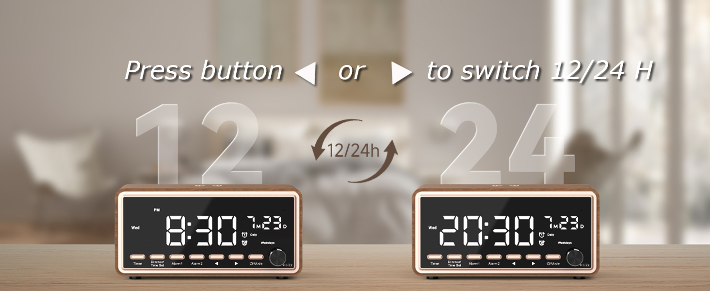 alarm clocks for bedrooms with 12/24 time format